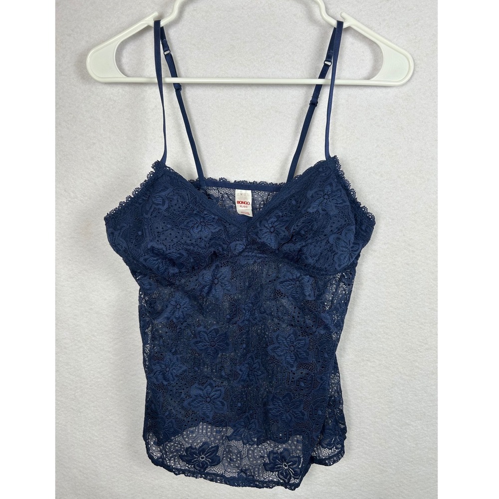Bongo Floral Lace Camisole Women XL Navy Blue Sheer Y2K Adjustable Strap Top